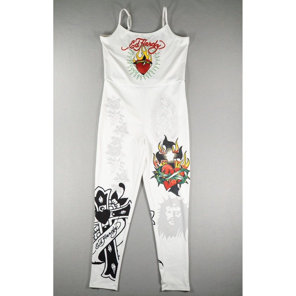 Ed Hardy Womens Jumpsuit EHW9002-3 Tattoo Graphic Print Off White Size L NEW